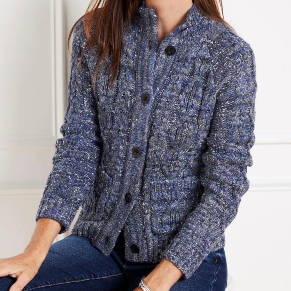 NWT Talbots Blue Metallic Cable Knit Cardigan Sweater Large #225